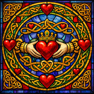 Celtic Claddagh inspired image with a red hearts and golden celtic twists.