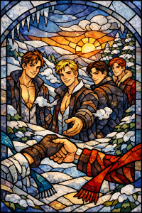 Stained glass image of four fit lads in coats in the sunlight and snow, with two hands shaking harnds in the foreground, one gloved, one not.